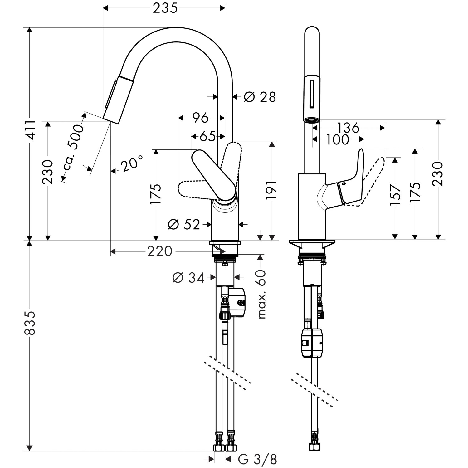 Technische Zeichnung: Hansgrohe Focus Küchenarmatur 240mm, Chrom, mit Maßen.