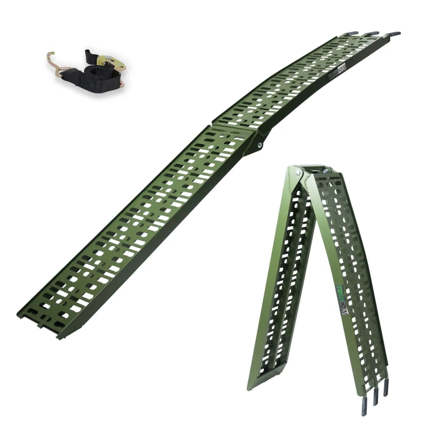 TRUTZHOLM Auffahrrampe klappbar, olivgrün, Alu, 228 cm, 340 kg Traglast. Mit Spanngurt für Autoanhänger.