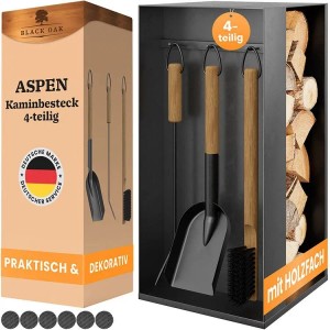 BLACK OAK Kaminbesteck ASPEN 4-Teilig – Kompaktes Kaminwerkzeug-Set aus Stahl Pulverbeschichtet mit Ständer für Kaminofen