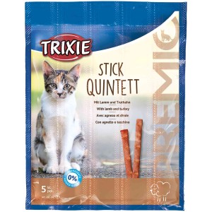 Trixie Katzensnacks Premio Stick Quintett Lamm/Truthahn, 5 Stück. Leckerli für Katzen ohne Zuckerzusatz.