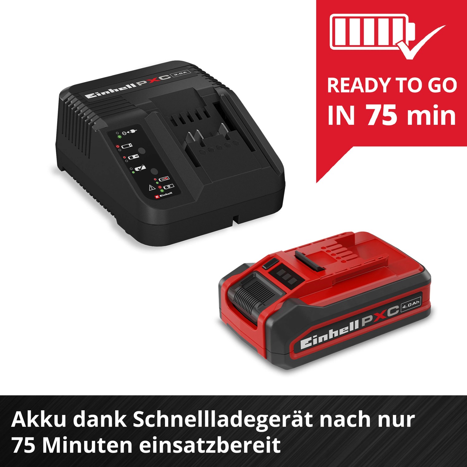 Einhell Akku-Starter-Kit Plus PXC: roter 4 Ah Akku und schwarzes Ladegerät. In 75 Min. einsatzbereit.