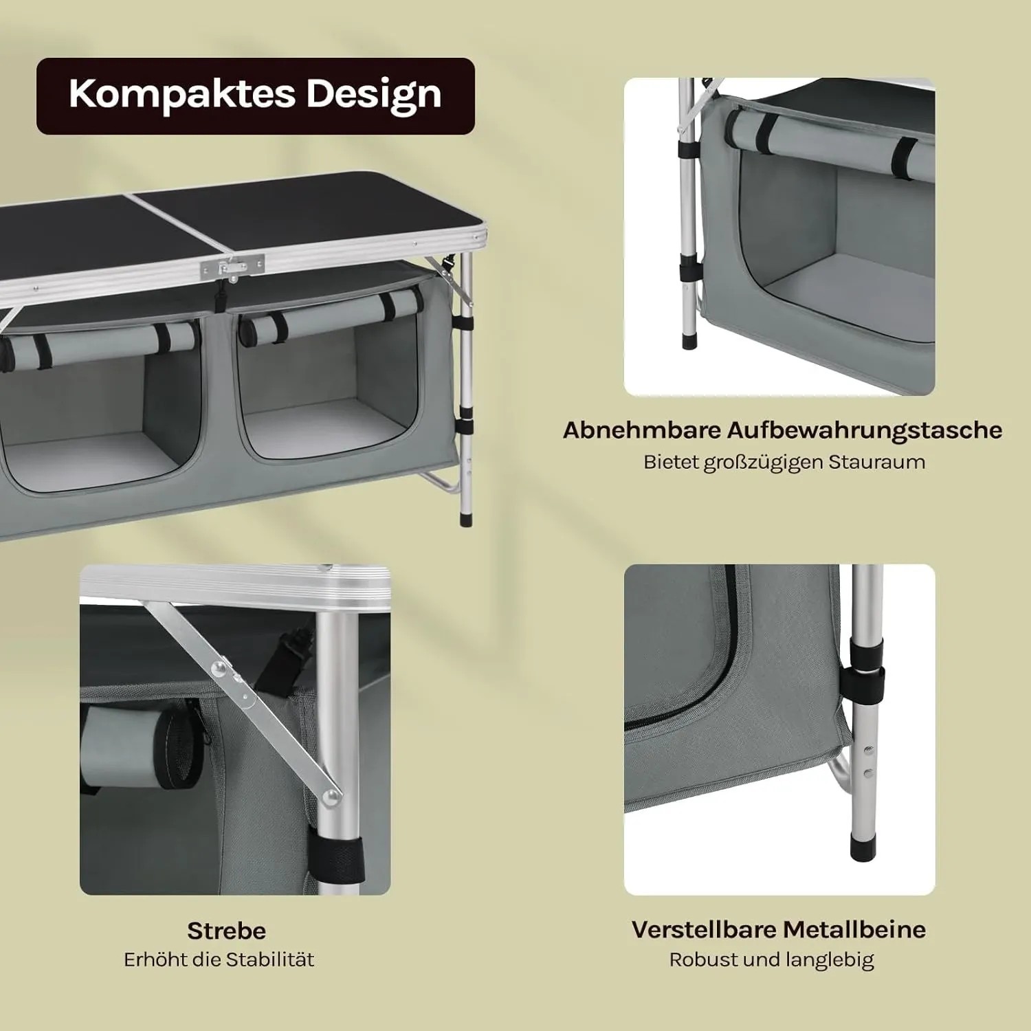WOLTU Campingtisch, höhenverstellbar, mit Stauraum in Schwarz und Grau. Ideal für Camping.
