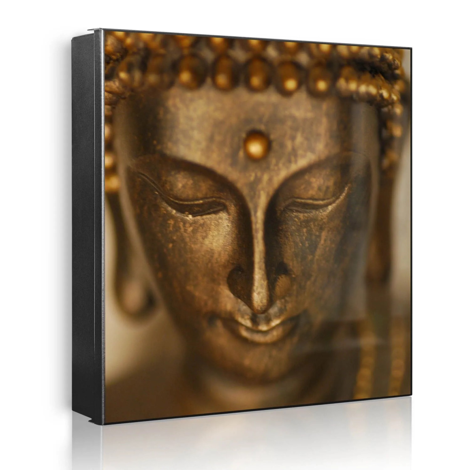 Banjado Großer Schlüsselkasten Metall 30x30cm Schwarz Scharnier Links 50 Haken Beschreibbar Magnetisch Motiv Buddha Gold