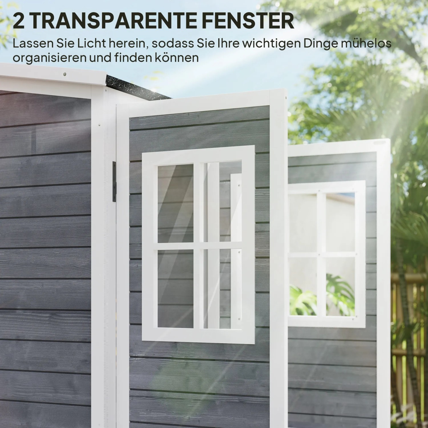 Detailansicht: Hellgrauer Outsunny Gartenschrank aus Tannenholz mit zwei transparenten Fenstern.
