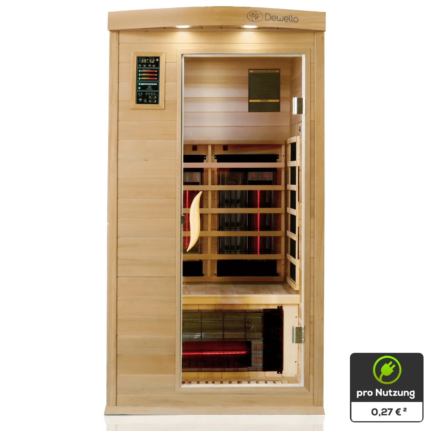 Dewello Infrarotkabine Pierson Pro aus Hemlock Zeder, 100x100 cm, für 1 Person mit Vollspektrum- und Karbonstrahler.