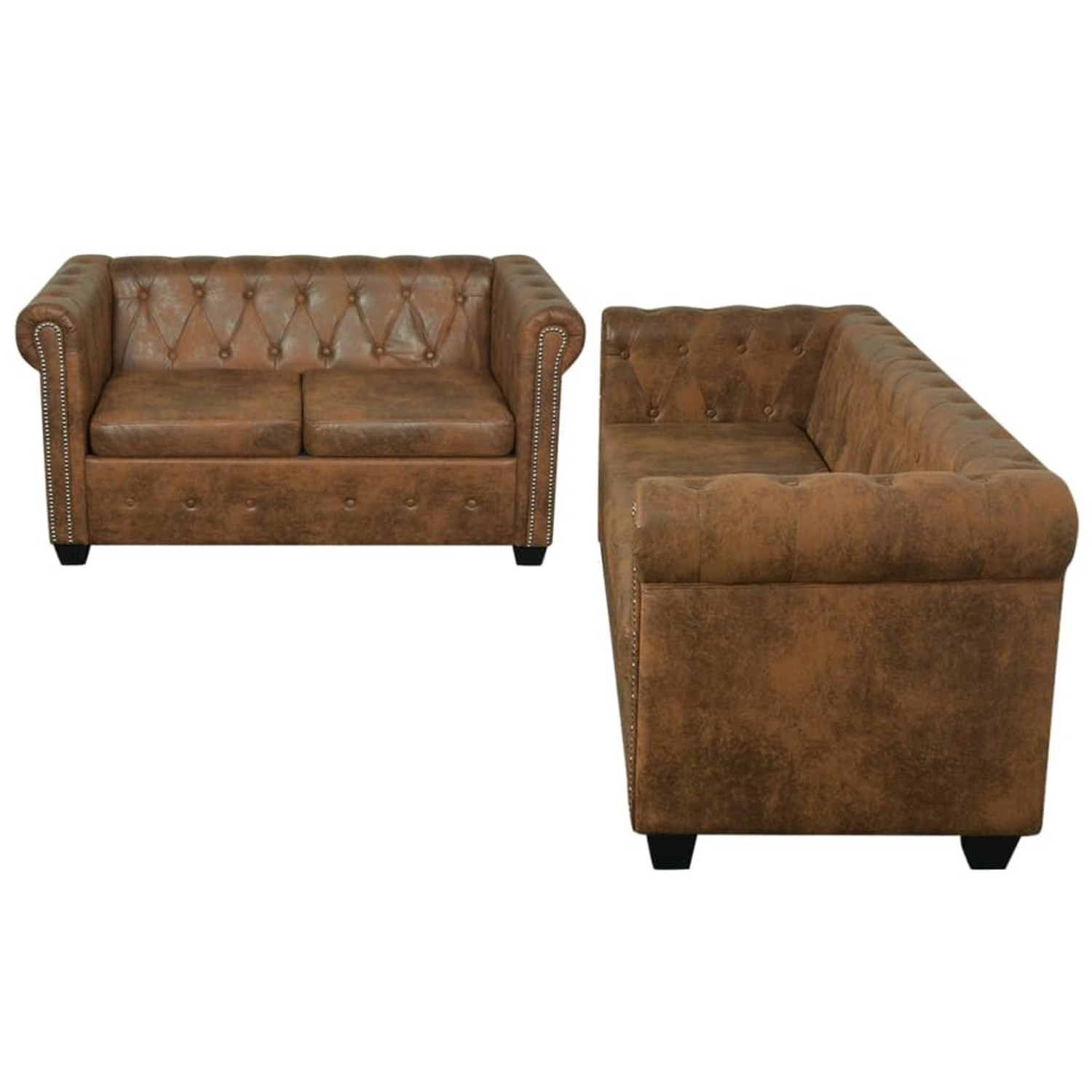 Braunes vidaXL Chesterfield Sofa-Set, 2- und 3-Sitzer aus Kunstleder mit Knopfheftung.