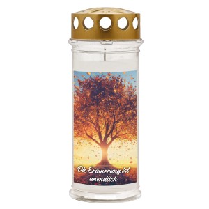 Weißes Ambrosius Grablicht mit Baum-Motiv, Ø 7,5 cm. Wetterfestes Design für lange Brenndauer.