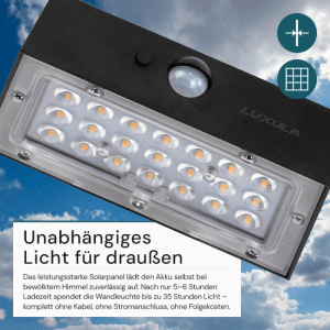Schwarze LUXULA Solar Wandleuchte mit Bewegungsmelder und warmweißem Licht.
