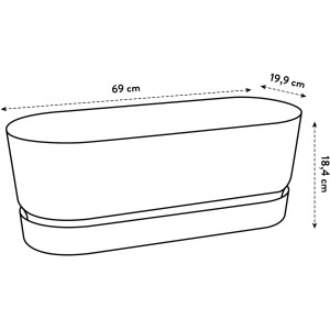 Skizze des Elho Greenville Living Beton Blumenkastens, 18,5 x 69 cm, mit Maßangaben.
