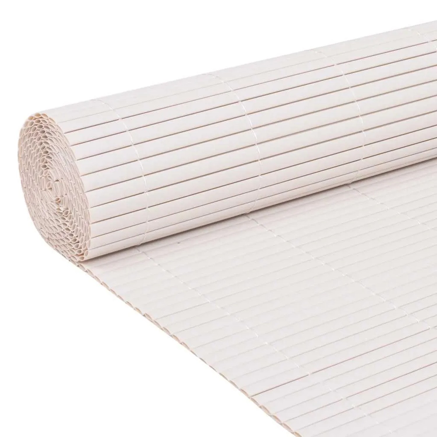 Gerollter weißer PVC Gartenzaun, 90x300 cm, als Sichtschutz. Flexibler Zaun für Garten und Balkon.