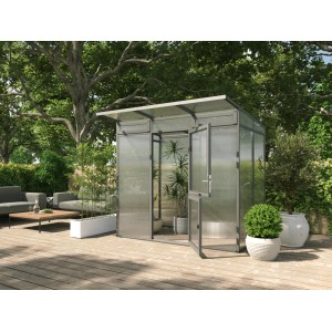 KGT Gewächshaus Santini II, anthrazit-grau, mit geöffneter Tür und Pflanzen.