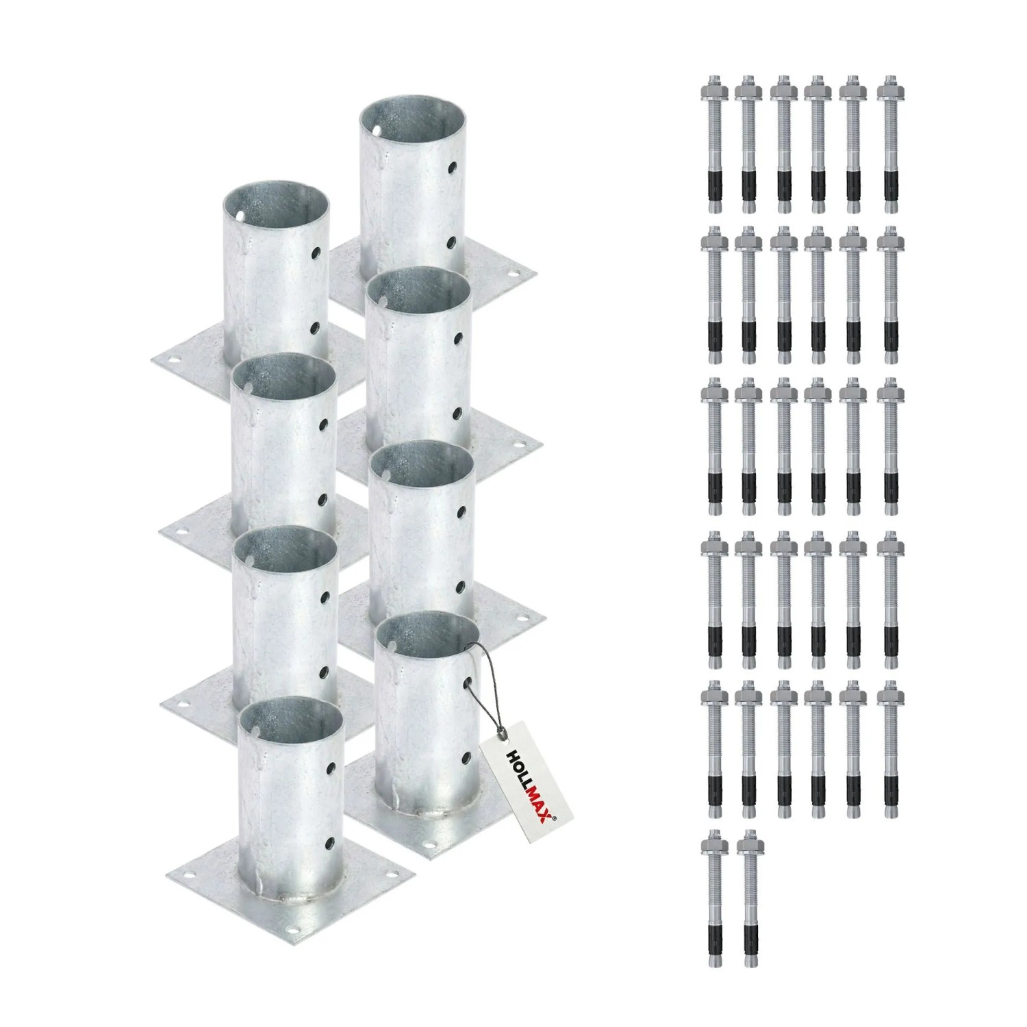 HOLLMAX 8 Stk. Aufschraubhülse/Pfostenträger 80 mm inkl. Schwerlastanker 10 x 100 mm Verzinkt Silber für Rundholzpfosten