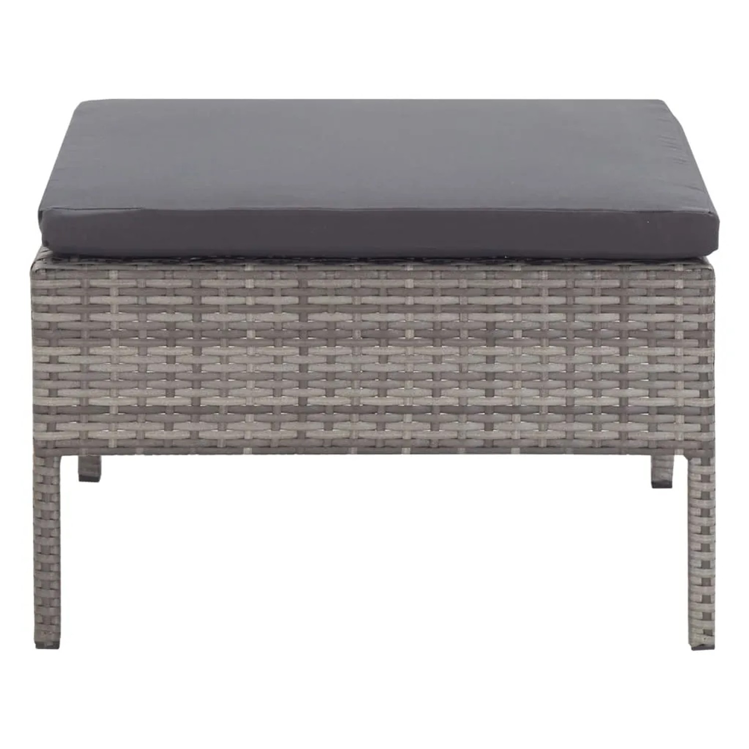 Fußhocker des vidaXL Garten-Lounge-Sets aus grauem Rattan mit anthrazitfarbenem Kissen.