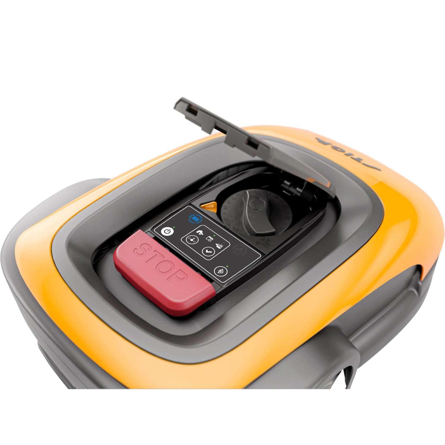 Stiga Mähroboter G 600: Detailansicht des Bedienfelds mit geöffneter Abdeckung und rotem Stoppknopf.