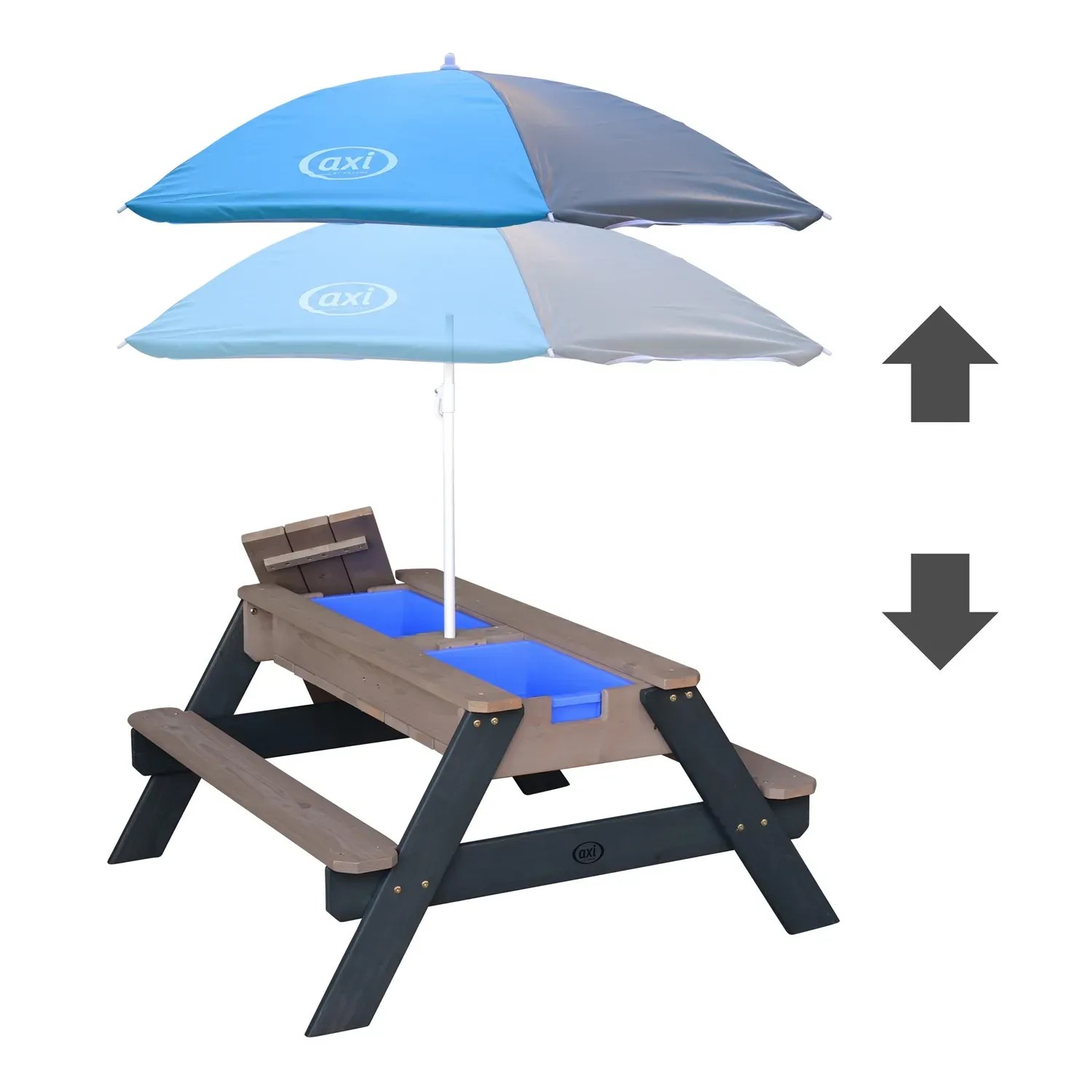 Axi Sand- und Wasser-Picknicktisch Nick grau-blau mit Sonnenschirm, höhenverstellbar. Sandkasten für Kinder.
