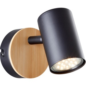 Brilliant Wandspot Niels, schwarz matt mit Holz, schwenkbarer Spot für Innenräume.