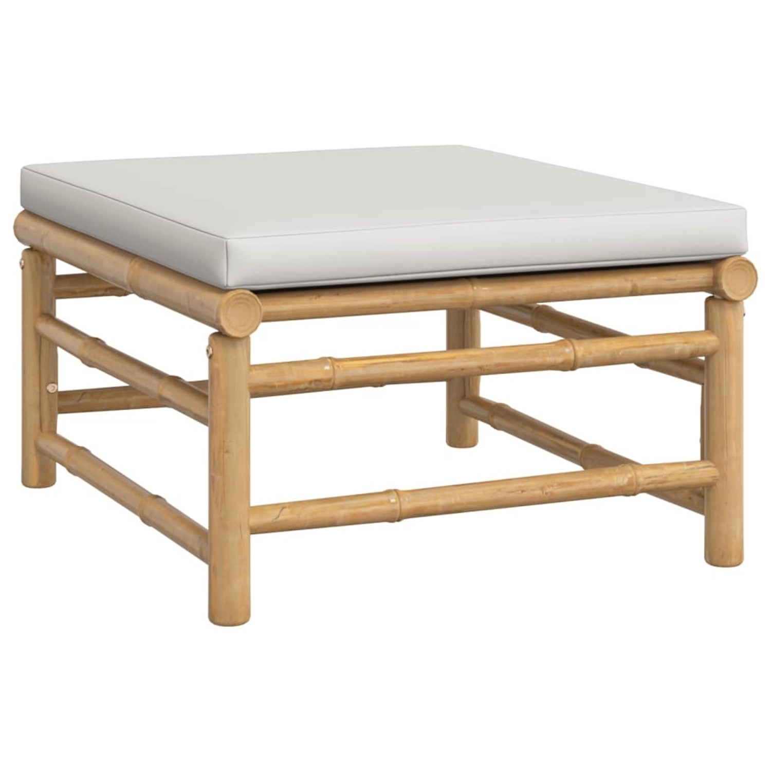 Fußhocker aus Bambus mit hellgrauem Kissen, Teil des vidaXL Garten-Lounge-Sets.