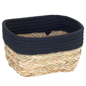 Wenko Aufbewahrungskorb Rika, Natur/Schwarz, 13x20x15cm, aus Borstengras mit Stoffbordüre. Ideal für Bad, Küche & Büro.