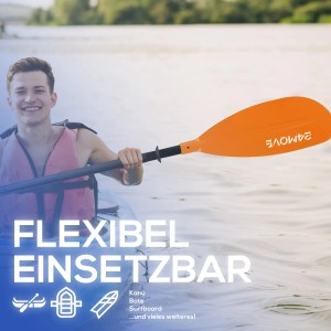 Mann paddelt mit 24MOVE Doppelpaddel im Kajak. Verstellbares Aluminium Paddel in Koralle.