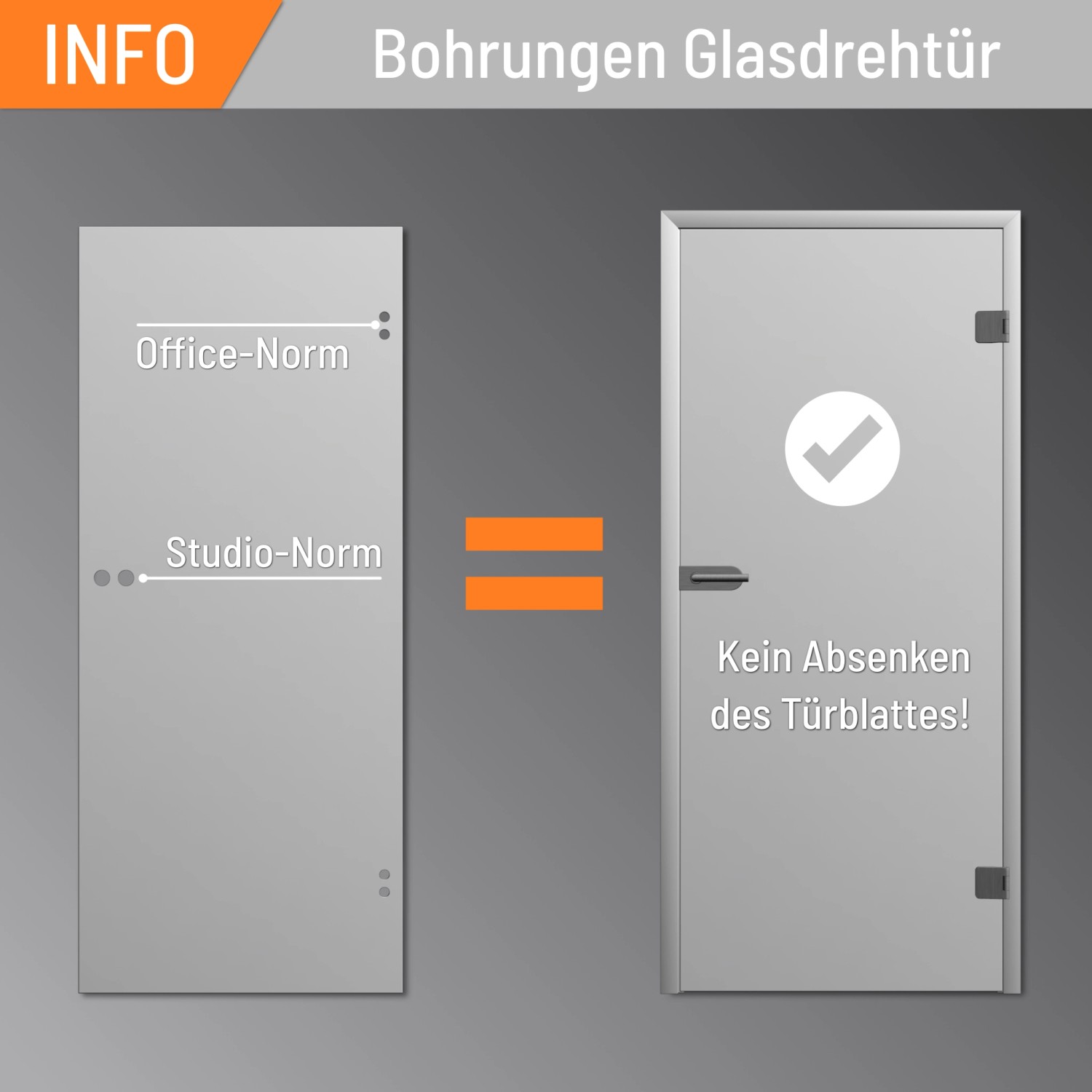 Info-Grafik: Levidor Glastür mit Office- und Studio-Norm Bohrungen, kein Absenken des Türblattes.