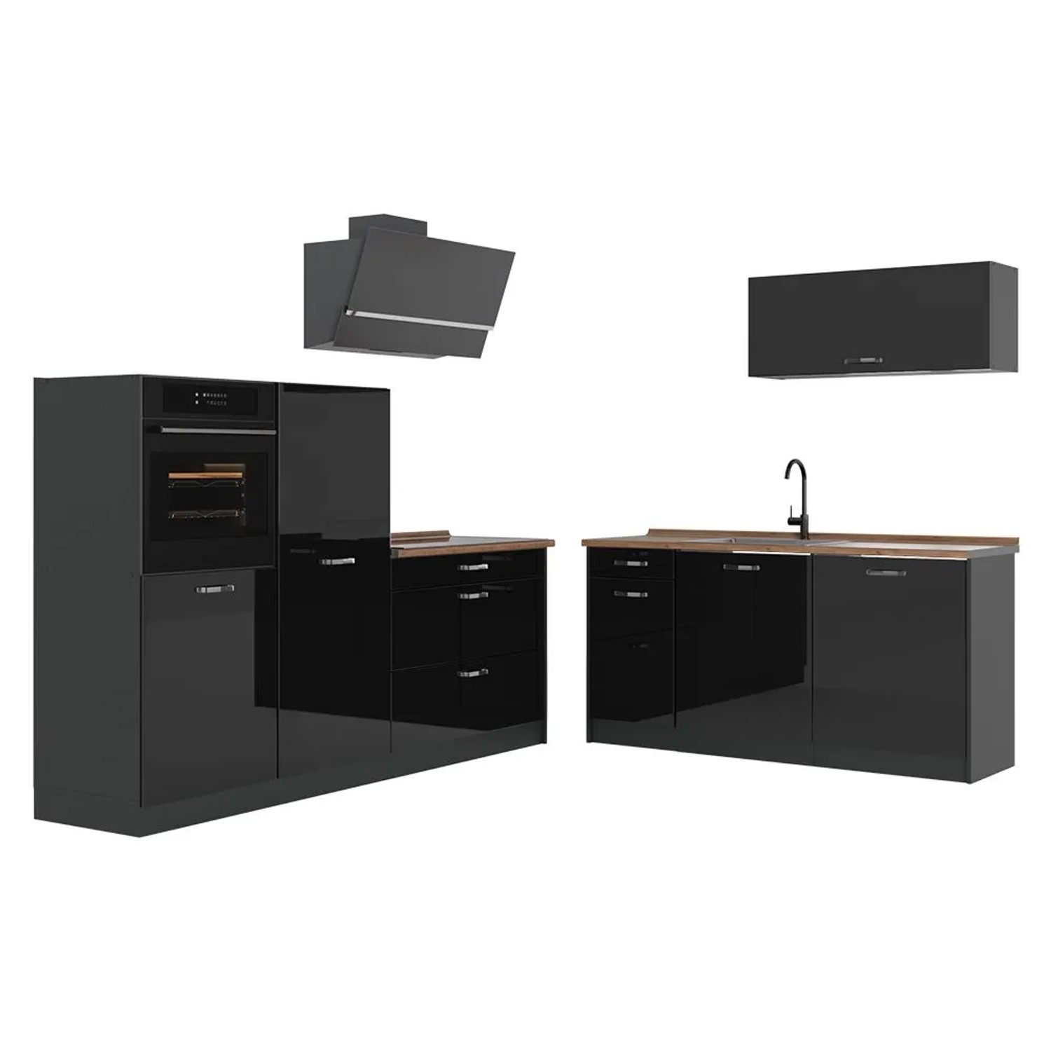 Vicco Küchenzeile R-Line Schwarz Hochglanz/Anthrazit 220 x 143 Arbeitsplatte Goldkraft Eiche Art Nr 66307