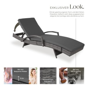 Tectake Aluminium Rattan Sonnenliege Océane Wetterfest und Uv Beständig 5 Fach Verstellbare Rückenlehne  190 x 71 x 74 50 cm Grau