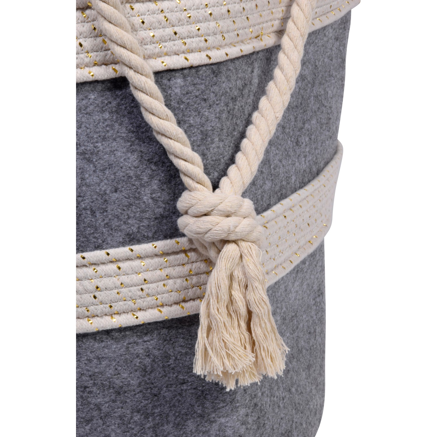 Grau-weißer Filzkorb mit Tragegriffen für Kaminholz, ca. 40x40x60 cm.