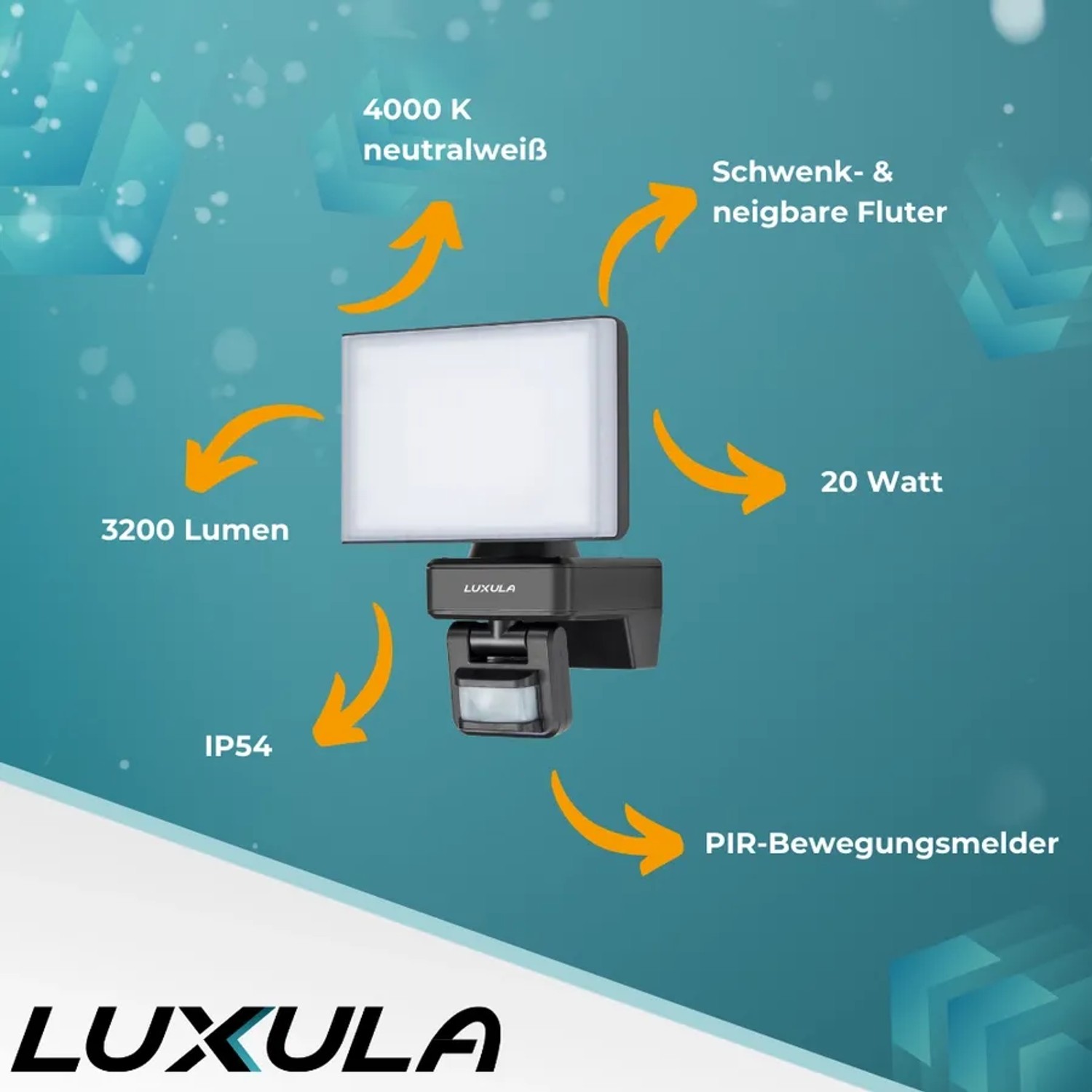 LUXULA LED Strahler 20W mit Bewegungsmelder, neutralweißes Licht, IP54 Schutz für Außen.