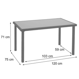 Brauner MCW Poly-Rattan Gartentisch mit Glasplatte, Maße 71x120x75 cm.