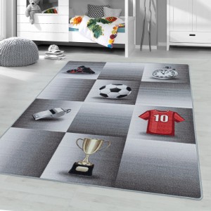 Ayyildiz Kinderteppich Play Grau mit Fußballmotiven, 160x230 cm.