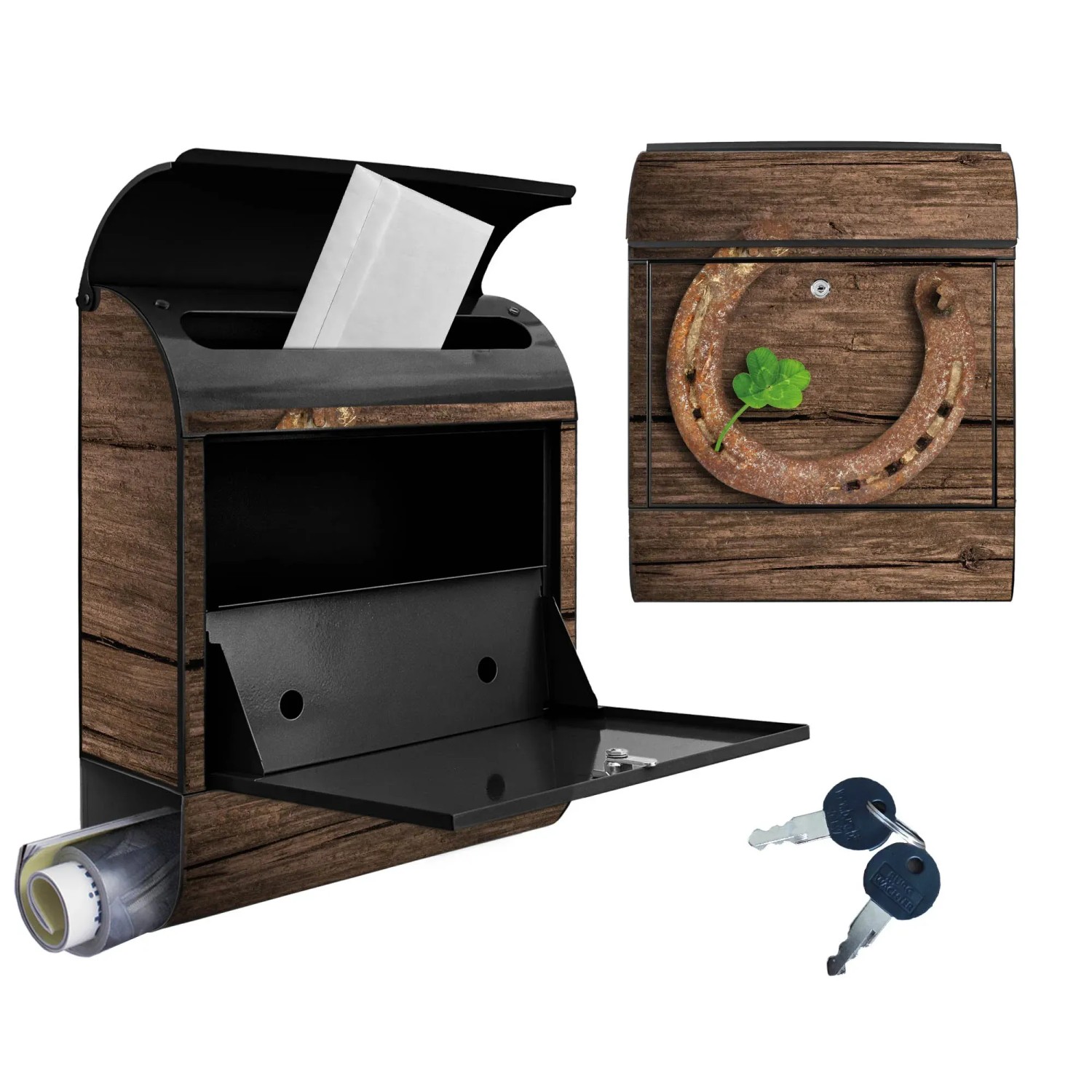 Banjado Design Briefkasten mit Motiv Doppeltes Glück, Zeitungsfach, schwarz pulverbeschichtet.