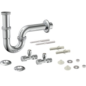 Kirchhoff Waschtisch Siphon Set mit Eckventilen und Befestigungsmaterial.