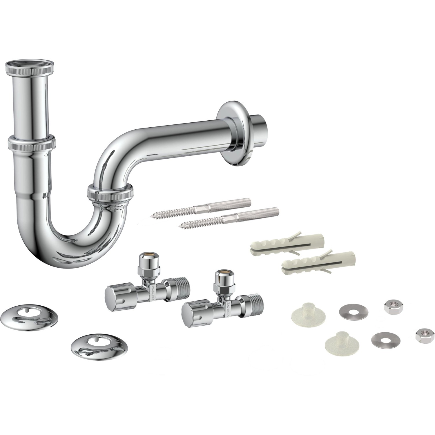 Kirchhoff Waschtisch Siphon Set mit Eckventilen und Befestigungsmaterial.