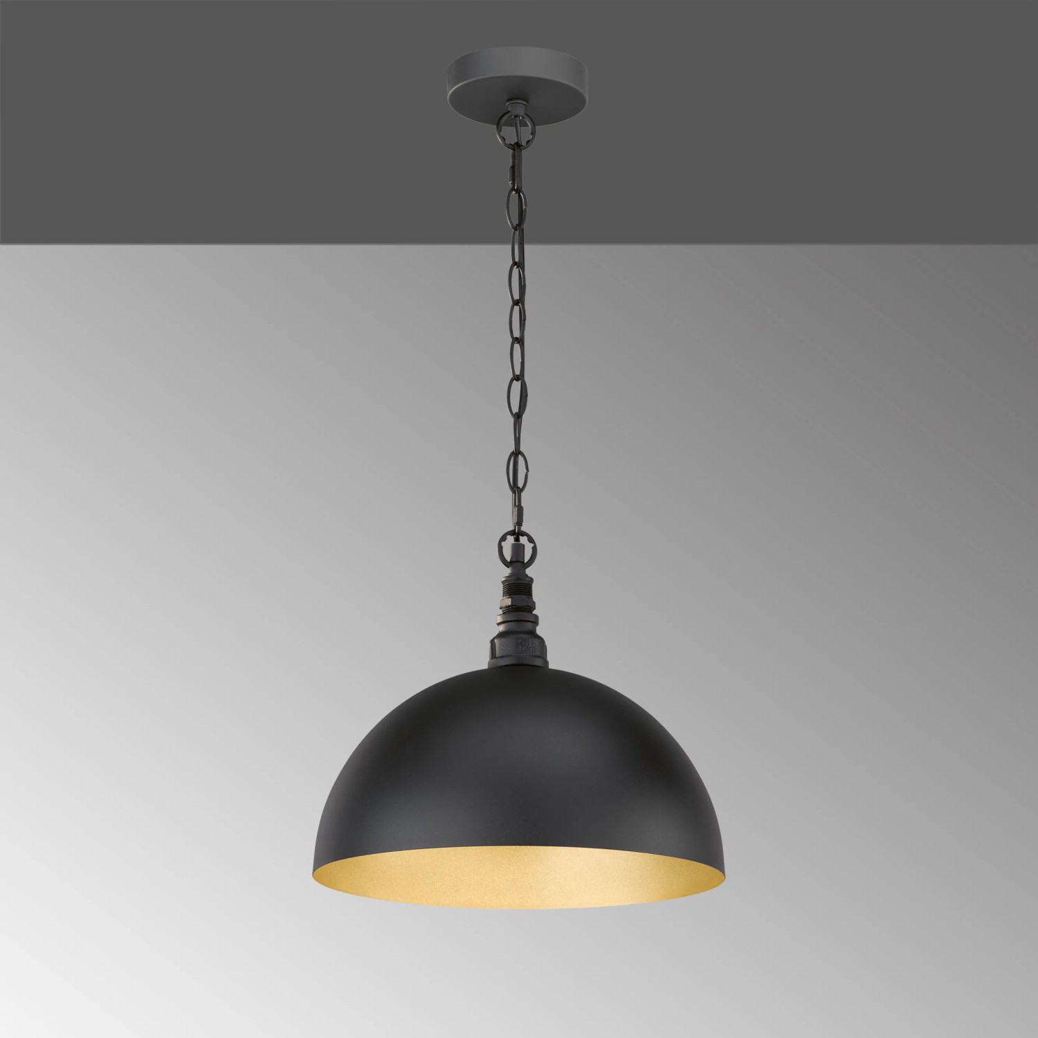 Schwarze Fischer & Honsel Pendelleuchte mit goldenem Lampenschirm innen, Industrial Look.