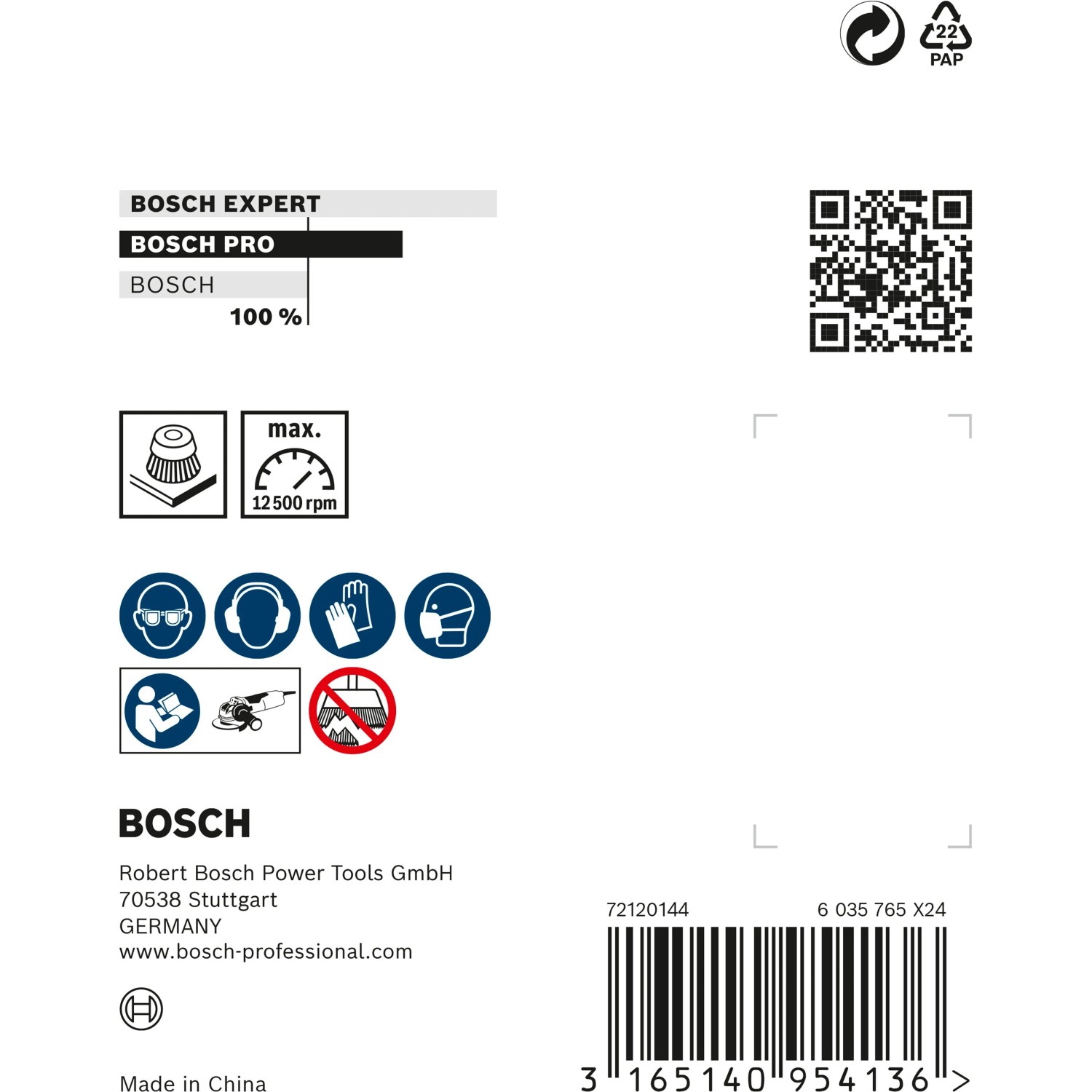 Bosch X-Lock Topfbürste Heavy for Metal Ø 75 mm Verpackung mit Logo, 12500 U/min und Sicherheitssymbolen.