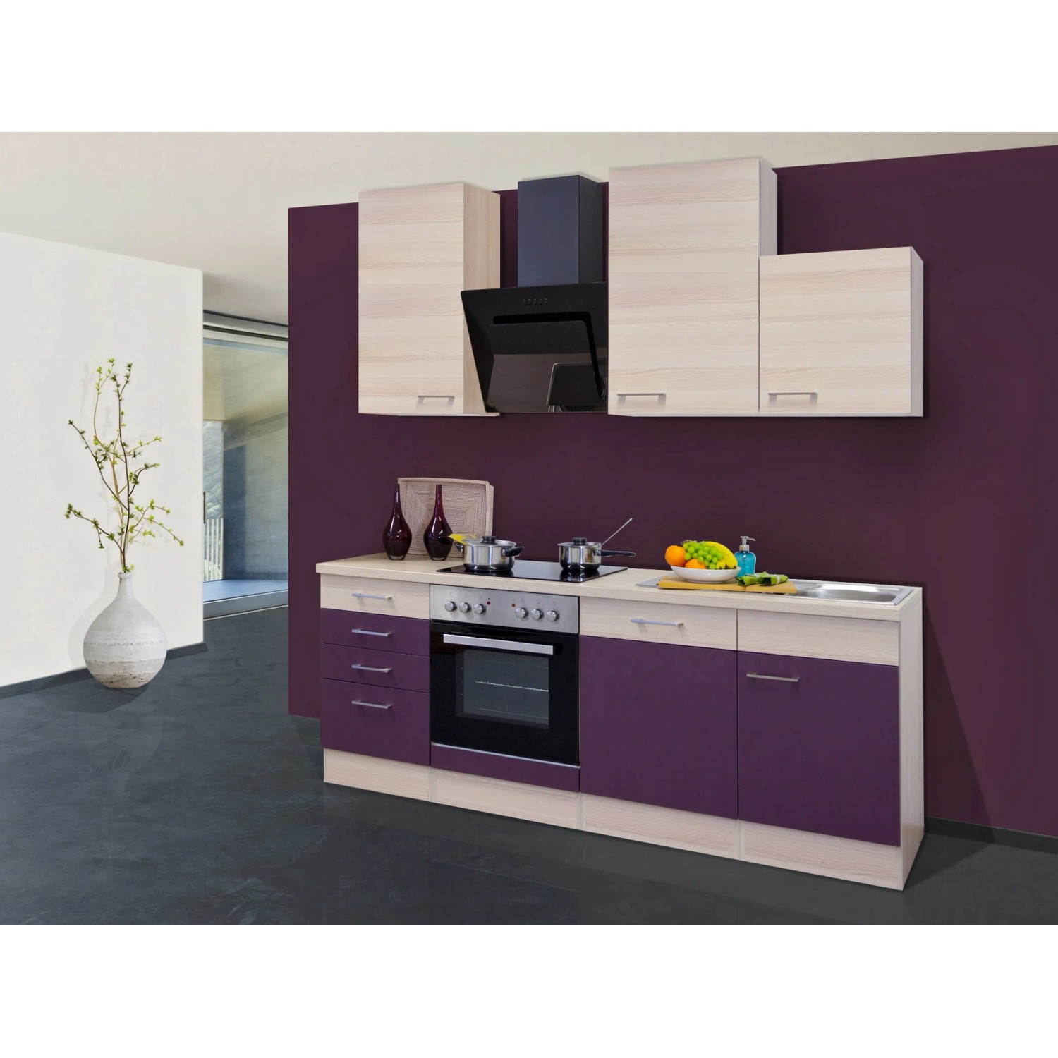 Flex-Well Exclusiv Küchenzeile Focus 220 cm Akazie-Aubergine