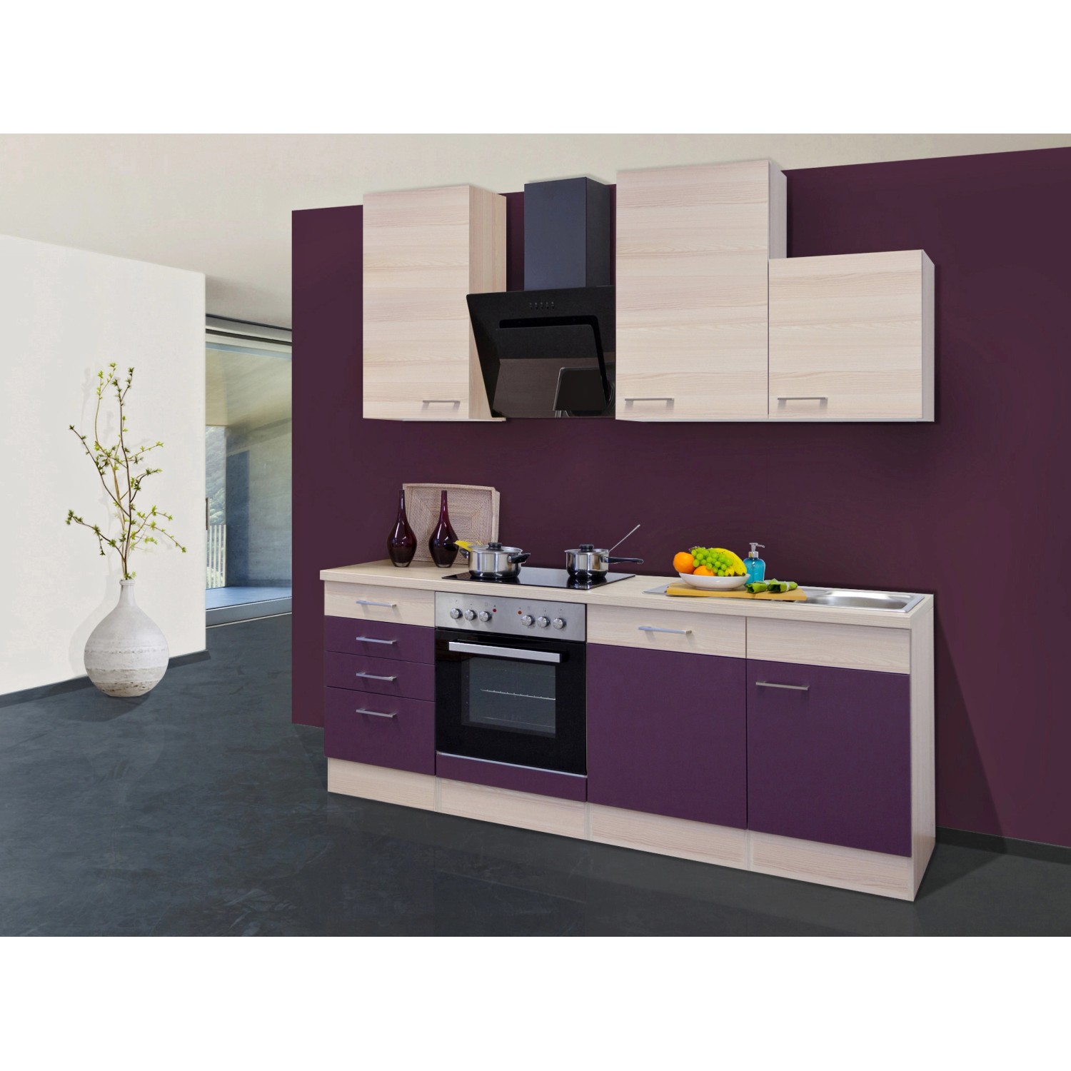 Flex-Well Exclusiv Küchenzeile Focus 220 cm Akazie-Aubergine günstig online kaufen