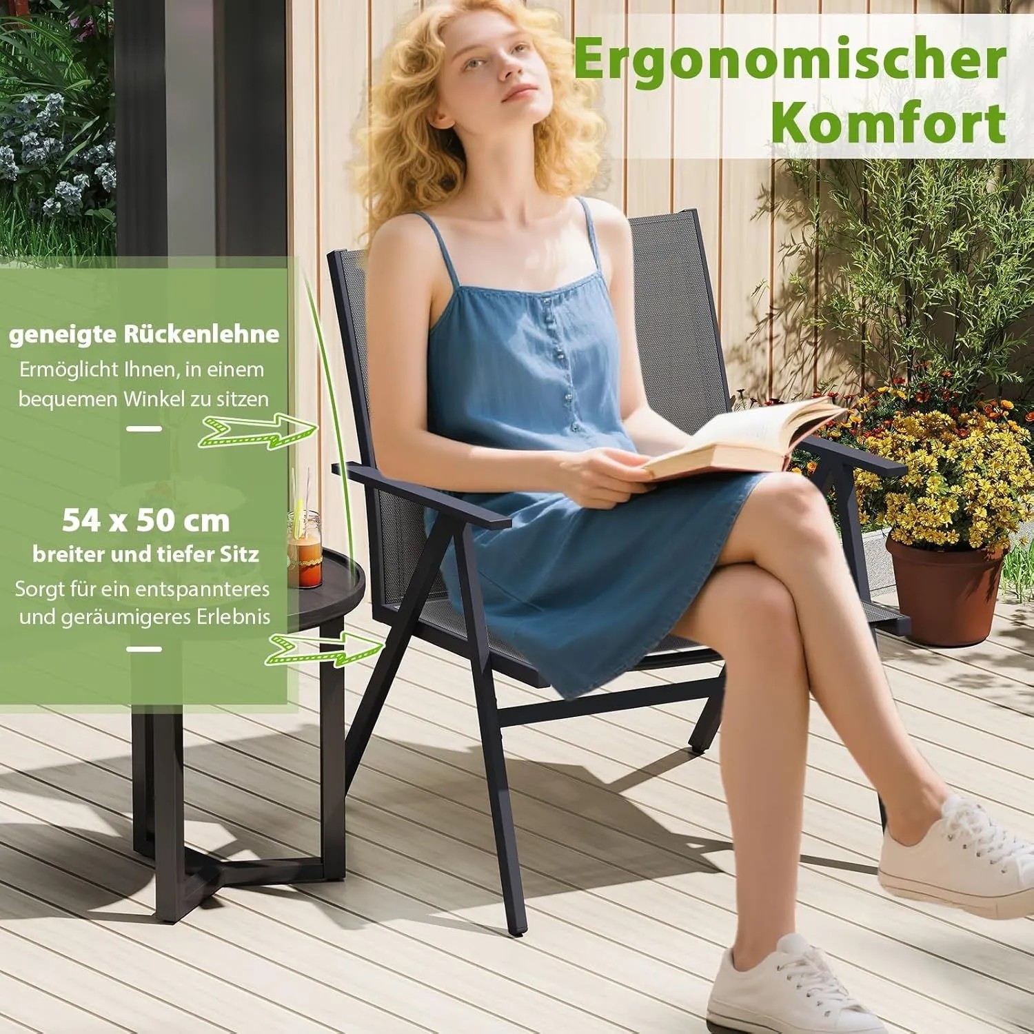 Grauer Gartenstuhl mit breiter Sitzfläche und Metallrahmen, auf dem eine Frau entspannt liest. Ergonomischer Komfort.