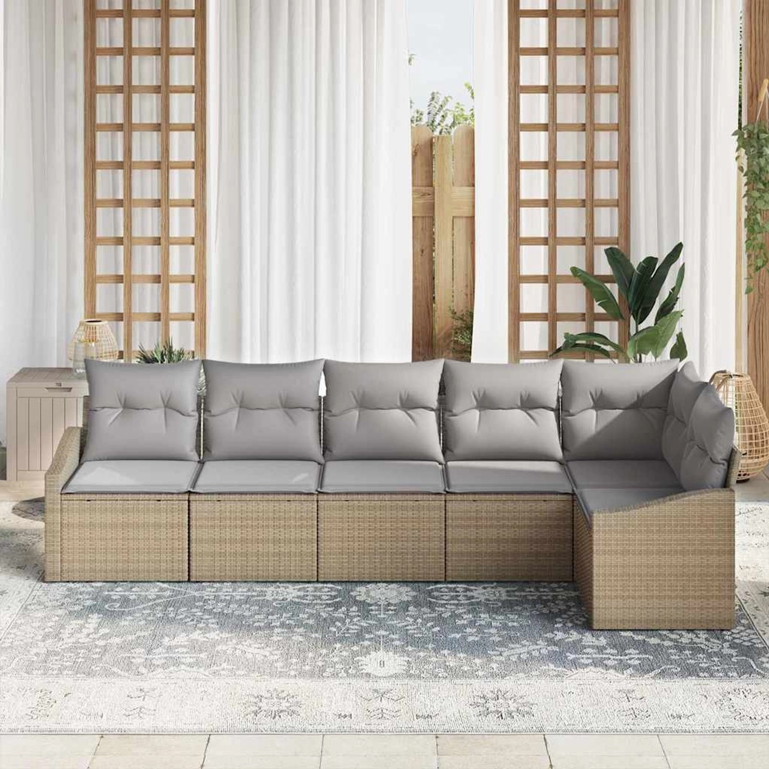 Beiges 6-teiliges Garten-Sofa-Set aus Poly Rattan von vidaXL. Gartenmöbel für Terrasse und Garten.