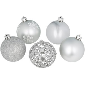 25-teiliges Weihnachtskugel-Set in Silber mit verschiedenen Oberflächen (glänzend, matt, Glitzer, Schneeflocken).