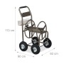Brauner Metall-Gartenschlauchwagen mit 4 Lufträdern, Kurbel und Ablagekorb für Schläuche.