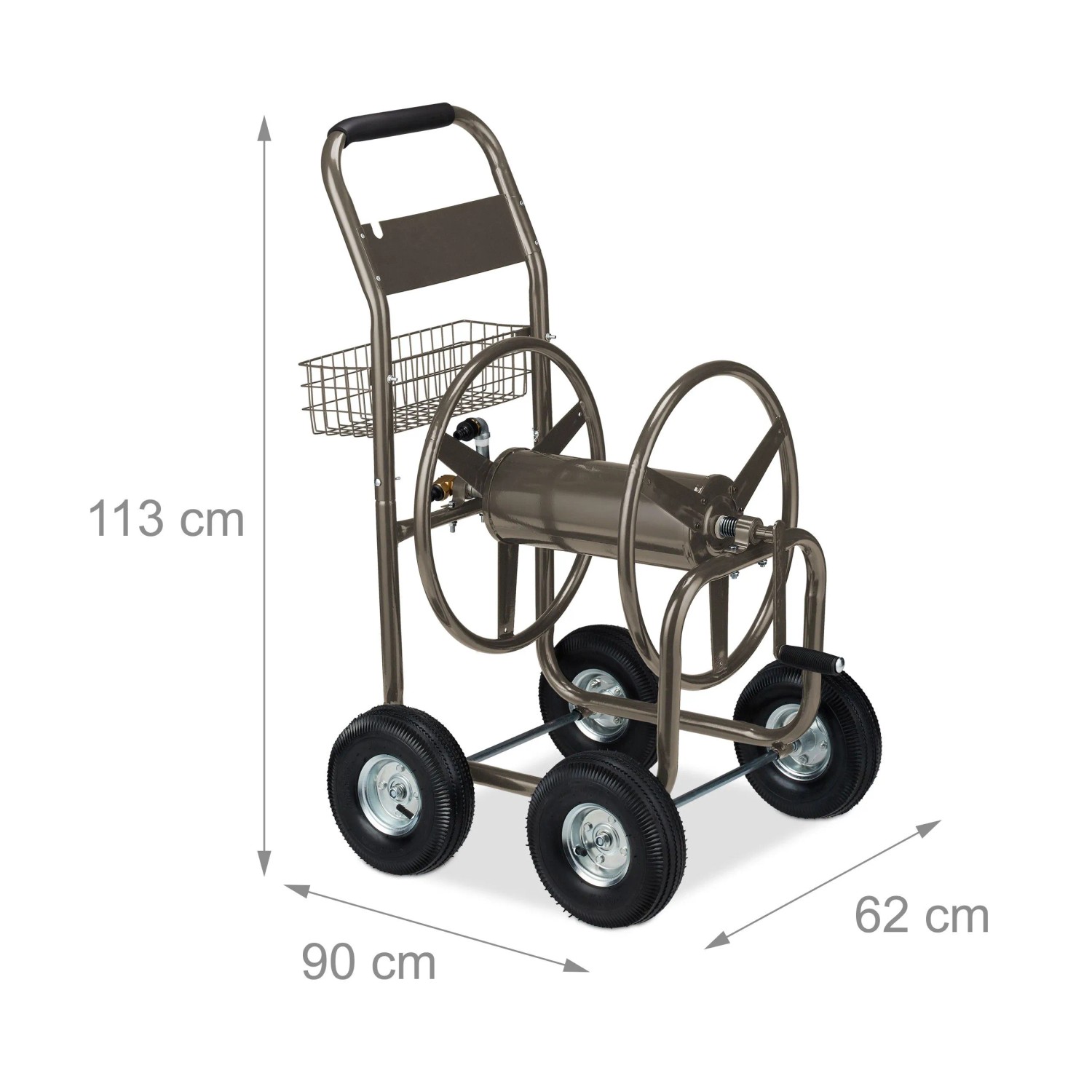 Brauner Metall-Gartenschlauchwagen mit 4 Lufträdern, Kurbel und Ablagekorb für Schläuche.