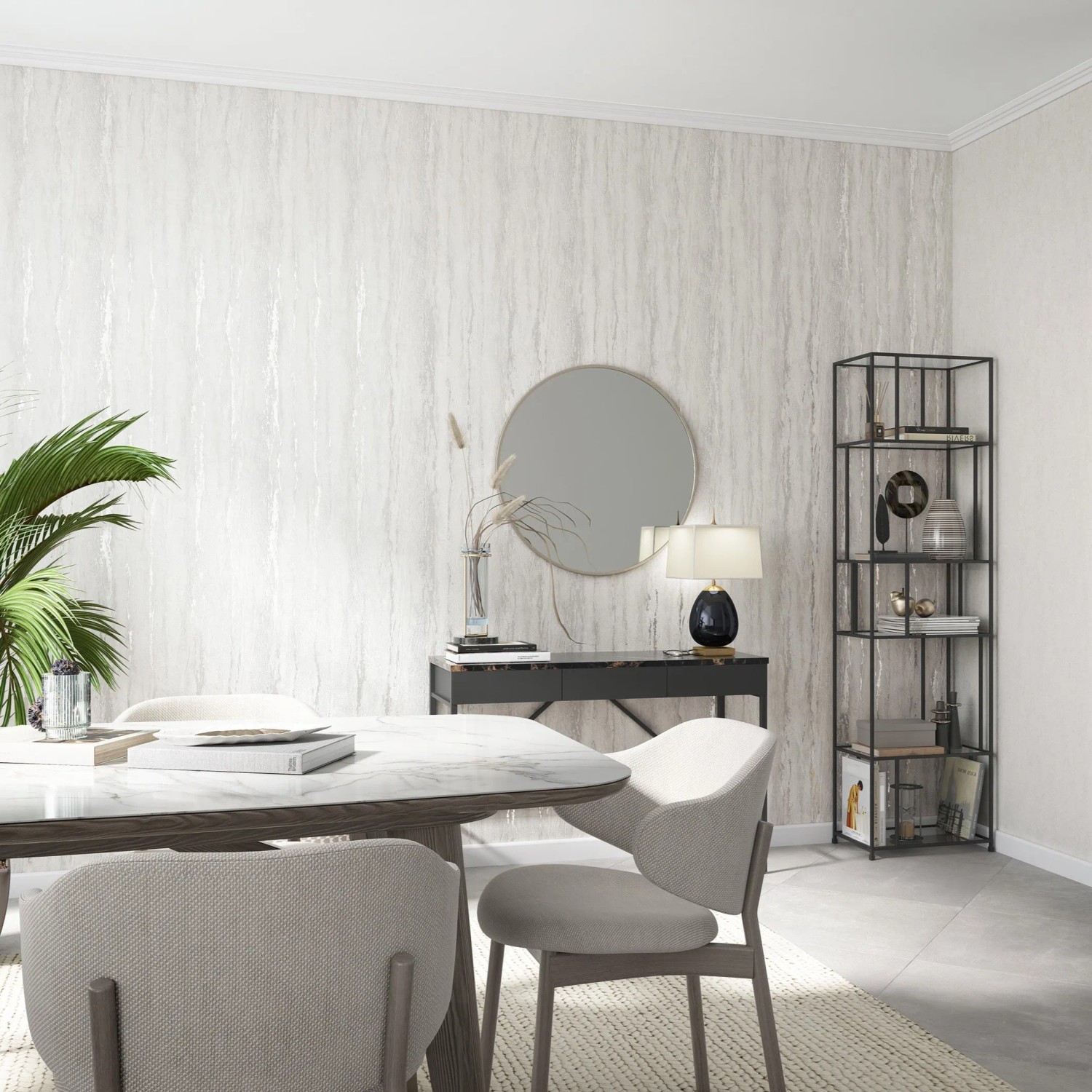 Moderne, glänzende Marburg Vliestapete in Betonoptik, Creme, im Wohnraum.