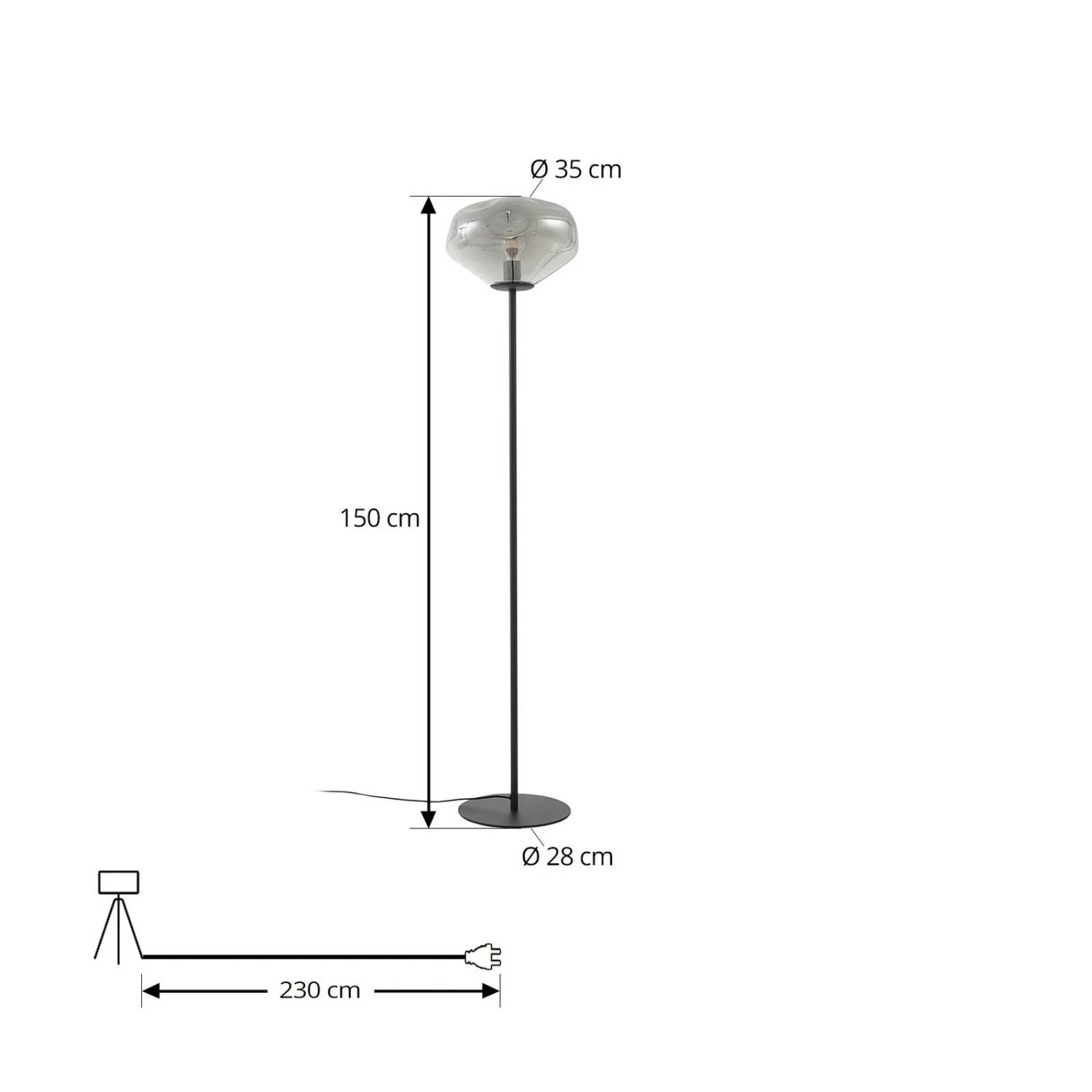 Moderne Lindby Stehlampe Lelia aus Alu und Glas, 150cm hoch, für Wohnzimmer.
