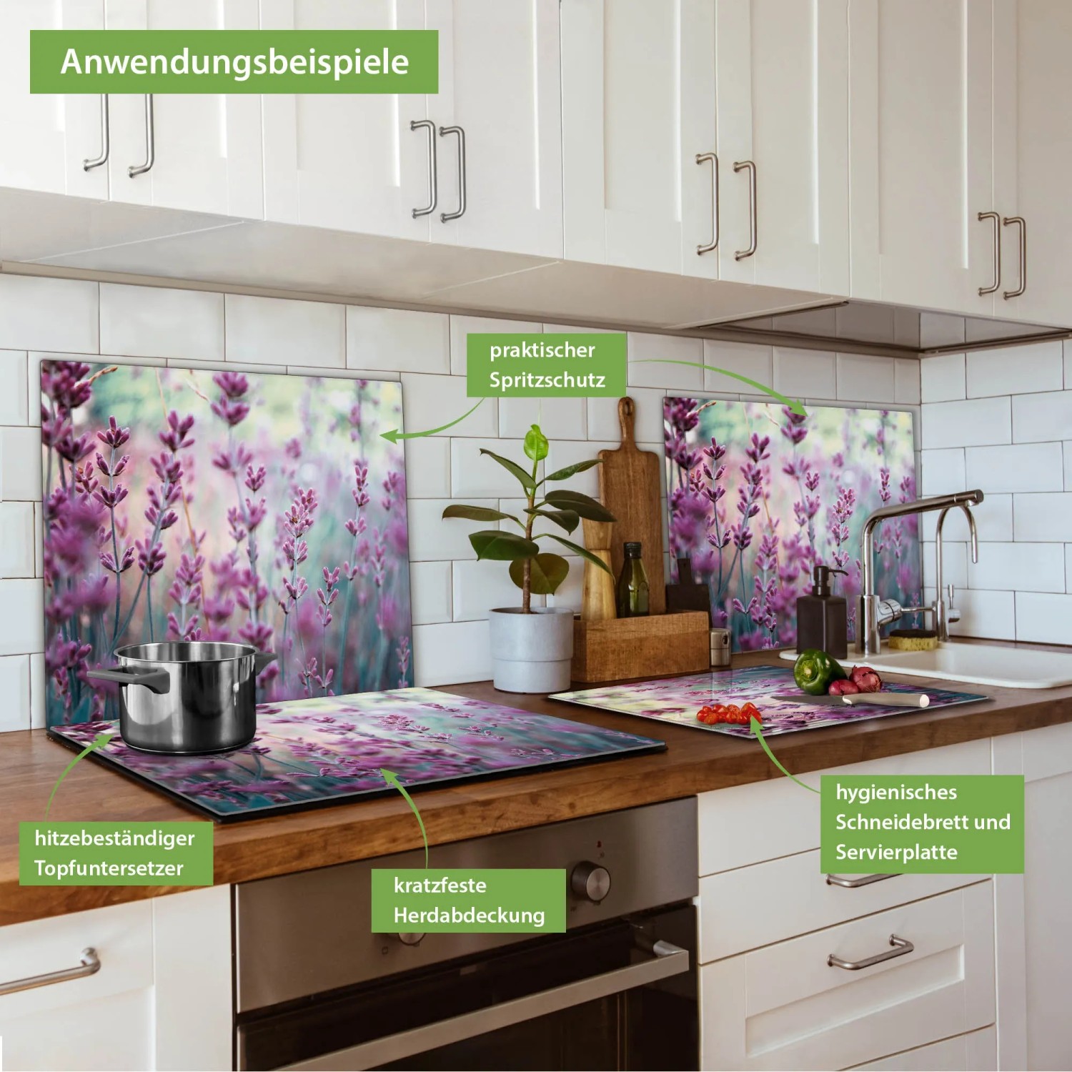 Banjado Herdabdeckplatte Glas mit Lavendel Motiv als Schneidebrett und Spritzschutz.