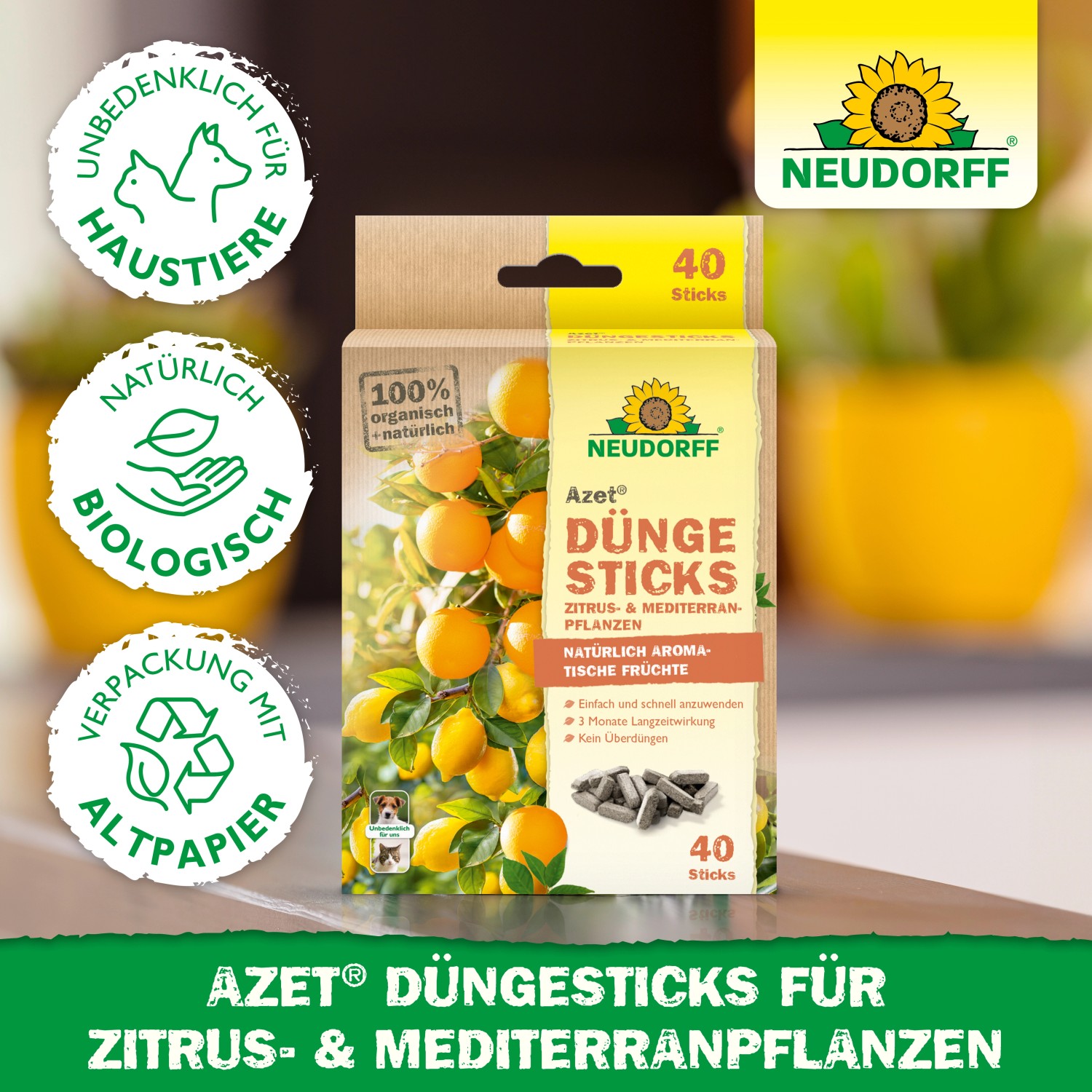 Neudorff Azet Düngesticks für Zitrus- und Mediterranpflanzen, 40 Stück. Organischer Zitrusdünger für reiche Ernte.