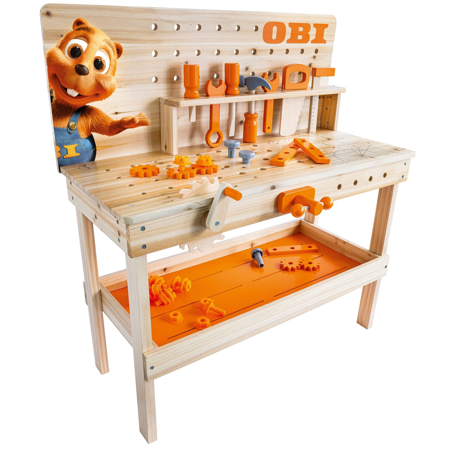Hölzerne OBI Kinderwerkbank 33-teilig in Natur/Orange mit Werkzeugen, Ablage und Biber-Maskottchen.