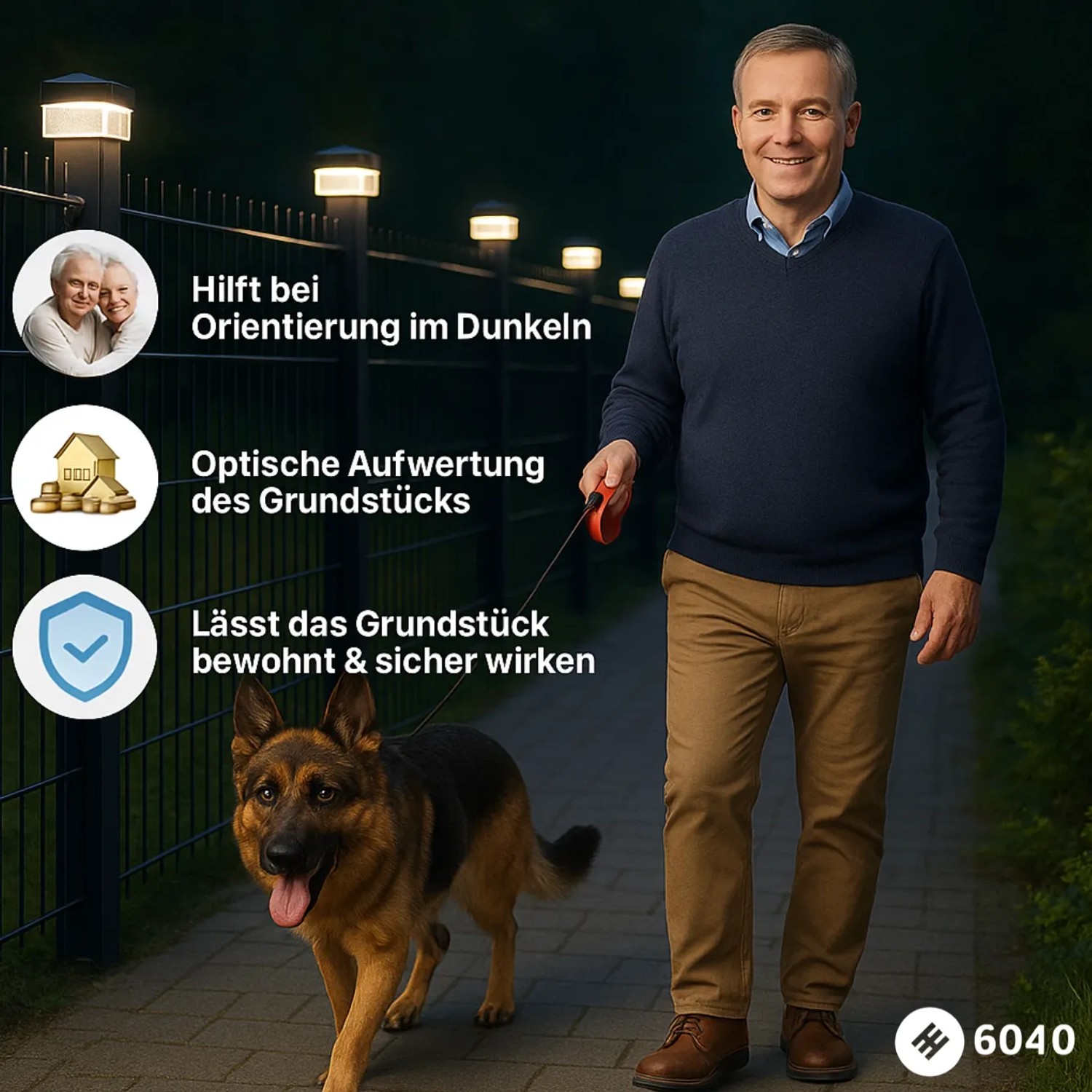 Mann geht mit Hund an Zaun mit leuchtenden 6040 Solarleuchten. Zaunbeleuchtung für Sicherheit & Orientierung.