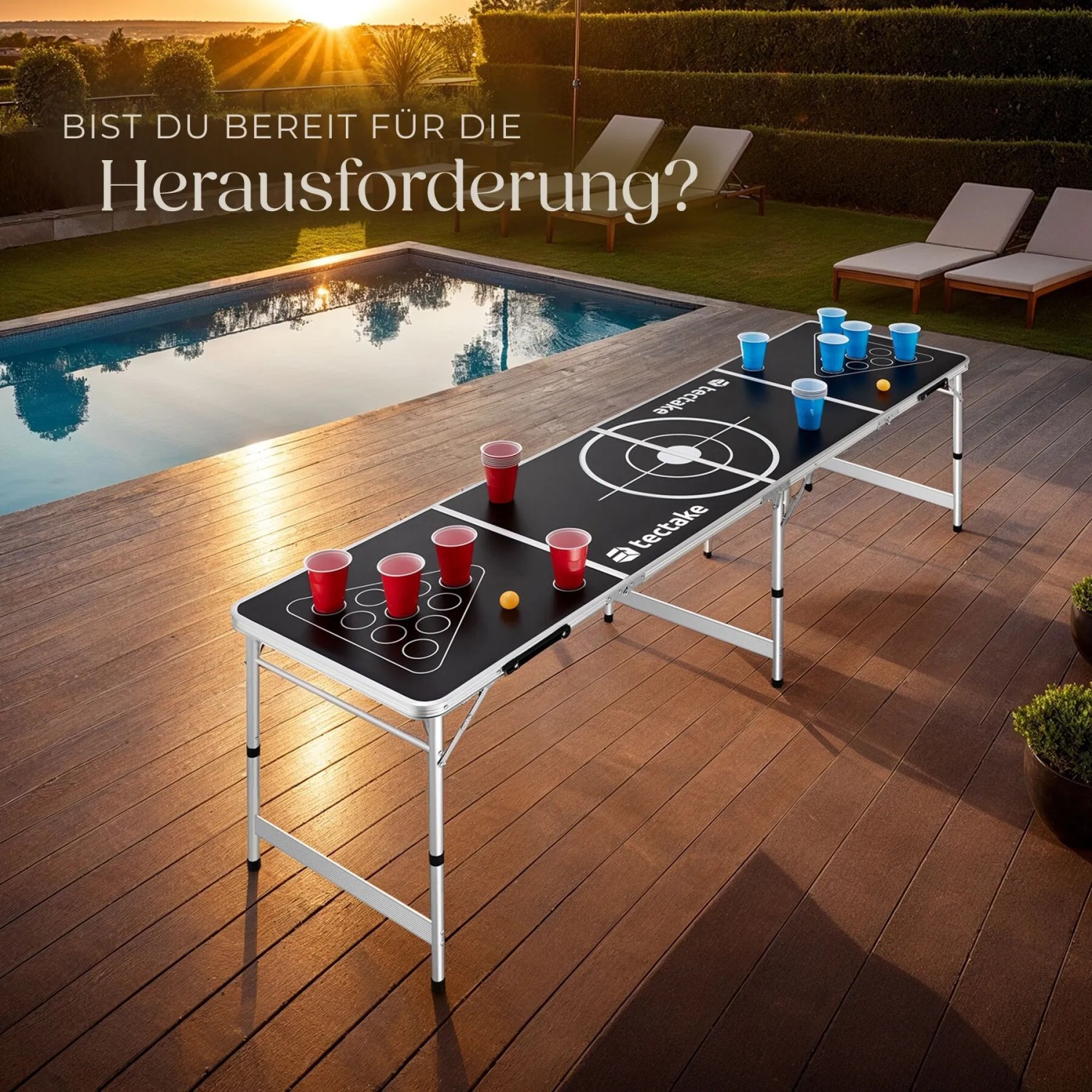 Tectake Bierpongtisch Brew Battle, klappbarer, höhenverstellbarer Stehtisch mit Bechern und Bällen.