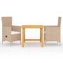 Beige 3-tlg. Garten-Essgruppe mit Akazientisch und Rattanstühlen mit Polster.